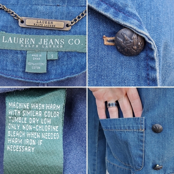 Vintage 90s y2k Ralph Lauren Double Breasted Cropped Trench Denim Peacoat Sm - Picture 3 of 4